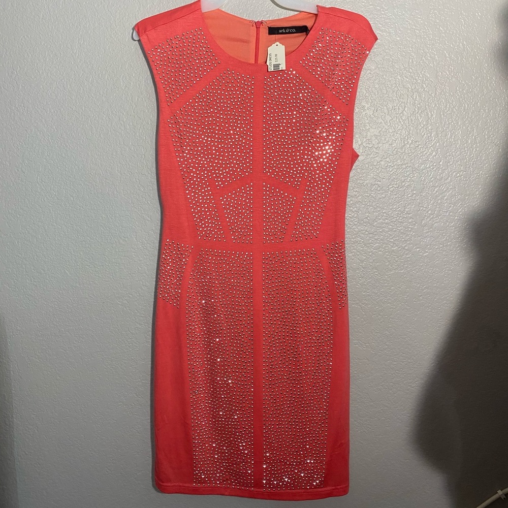 Coral color mini dress with studs